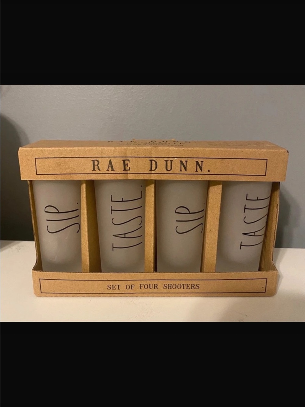 Rae Dunn Cream Shooter Glasses Set with Black Lettering - 4 Pack